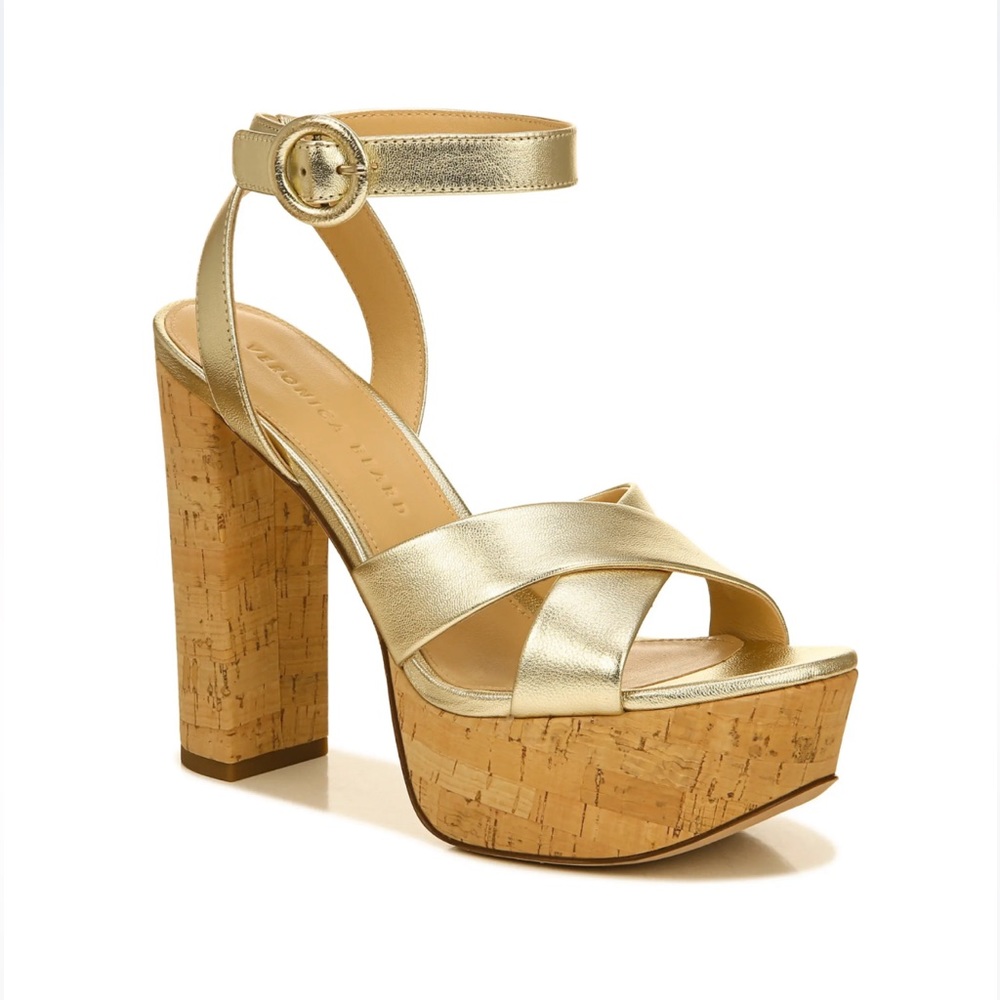 Veronica Beard Gold Lalana Leather Ankle Strap Cork Platform Heel Sandal 6.5 NIB